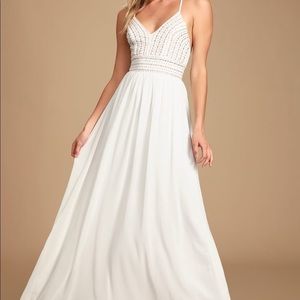 Lulus Meet Me in Madrid White Beaded Maxi Dress